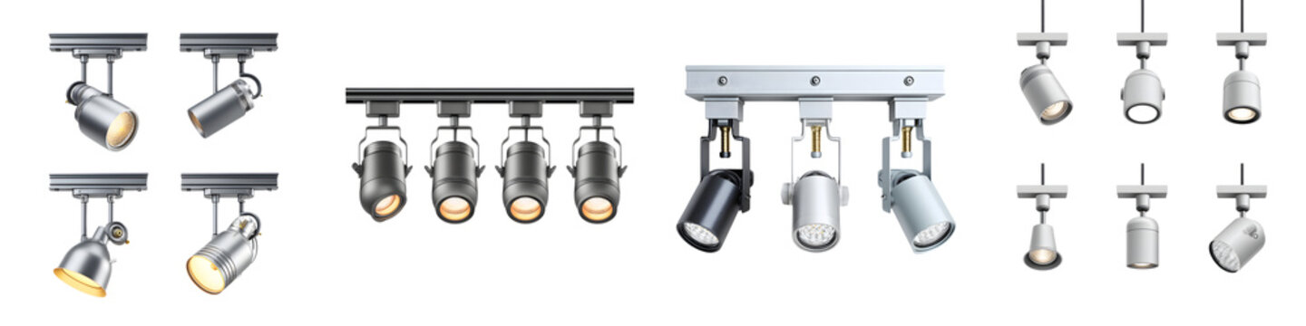 A variety of contemporary chrome finished LED spotlights mounted on an overhead track system providing versatile and energy efficient illumination for commercial retail or gallery spaces