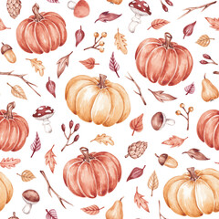 Fall pumpkins seamless pattern hand drawn by watercolor. Thanksgiving background. Halloween traditional symbols and fall objects. Pumpkins, autumn leaves, mushrooms, berries, branch