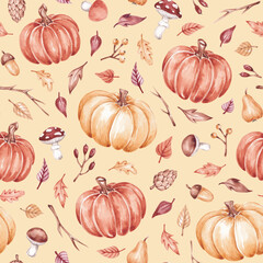 Fall pumpkins seamless pattern hand drawn by watercolor. Thanksgiving background. Halloween traditional symbols and fall objects. Pumpkins, autumn leaves, mushrooms, berries, branch