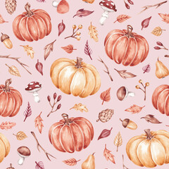 Fall pumpkins seamless pattern hand drawn by watercolor. Thanksgiving background. Halloween traditional symbols and fall objects. Pumpkins, autumn leaves, mushrooms, berries, branch