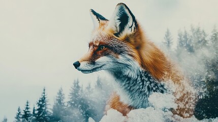 Fototapeta premium Fox with snow field and alpine sky double exposure