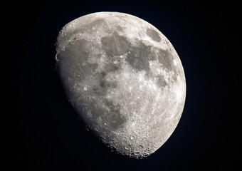 Detailed close up of the moon cratered surface