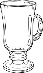 Footed glass cup or goblet with a handle for hot drinks. Vector illustration in hand drawn sketch style. Line art isolated on white for coloring book, print
