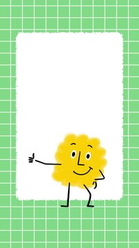 Cute Yellow Fluffy Blob Character making a Thumbs-Up Gesture on Green Math Paper Background with Copy Space Hand drawn Doodle Animation - 4K Vertical Video 10 seconds Seamless Loop