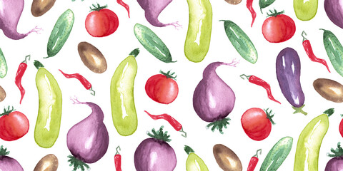 seamless pattern of watercolor vegetable elements on white background. Different vegetables hand painted illustration. Pepper, eggplant, beet, tomato, cucumber, zucchini, potato