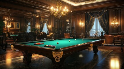 Luxurious antique billiard room with opulent decor.
