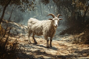 Obraz premium Fluffy goat in a misty forest path