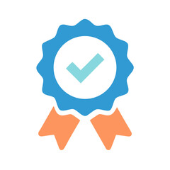 Blue and orange tick badge icon on White Background