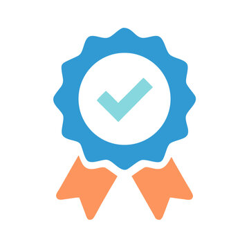 Blue and orange tick badge icon on White Background