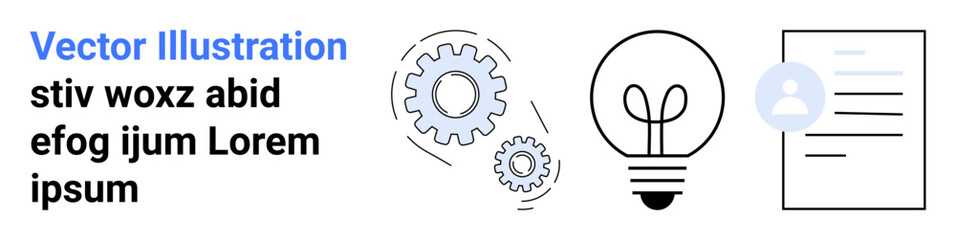 Gears illustrating collaboration, light bulb for innovation, and a user profile document for professional identity. Ideal for teamwork, creativity, brainstorming, user profile design, professional