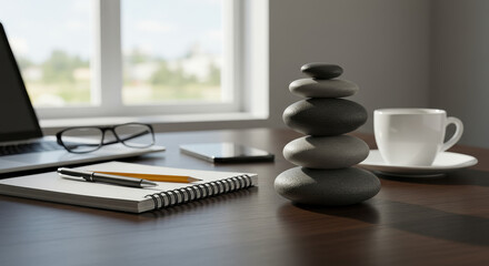 Mindful Workspace: Balancing Zen Stones, Laptop, and Coffee for Productivity