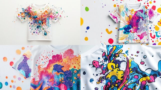 Four white t-shirts, each with vibrant, abstract graphic designs of colorful splatters, splashes, and swirls
