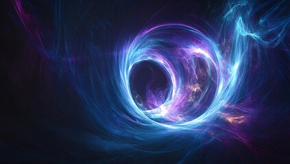 Abstract background with blue and purple glowing lines in the round shape, creating dynamic curves on a dark backdrop. High resolution.