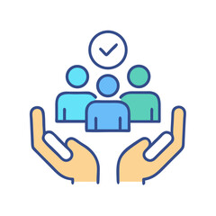 Icon showing hands supporting a team with checkmark above