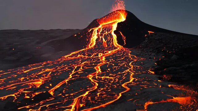 Warm yellow and orange flames blaze with heat in a dark, burning wood fireplace at night