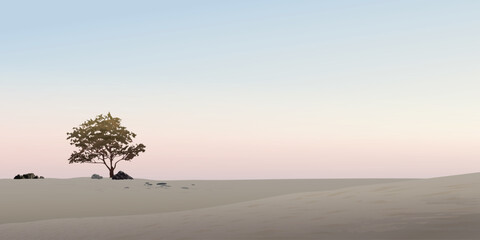 Silhouette tree in the middle of dried land with vanilla sky background graphic illustration have blank space.