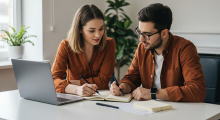 Two adults in their 20s, a man and a woman, collaborating indoors on a project, taking notes during the daytime.