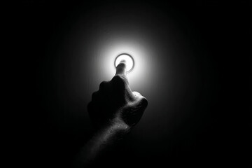 Hand searching in darkness the light button in a wall as an emergency button