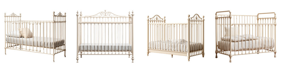 A collection of elegant traditional style cribs for a nursery  long title A collection of classic ornate metal cribs in a range of styles and
