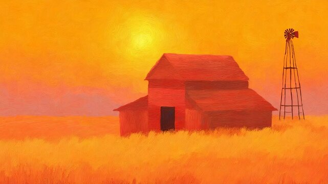 Red barn and windmill at sunset over a field