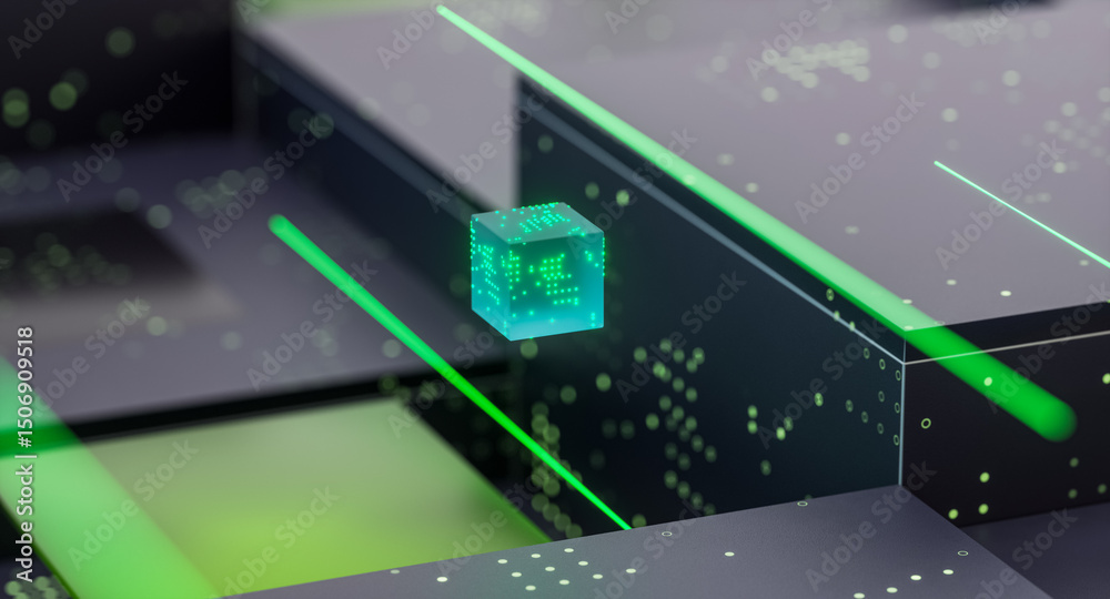 Poster digital technology background with artificial intelligence driving on green circuit board.
