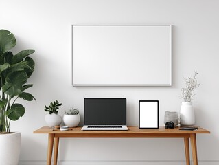 Minimalist workspace with blank laptop, tablet, and framed canvas on a light wood desk against a white wall, accented by plants and decor