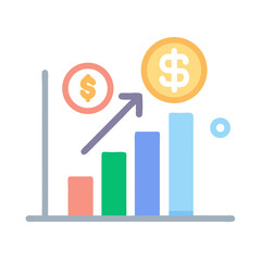 Rising bar graph demonstrating financial growth with dollar icons