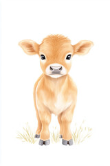 Obraz premium A charming watercolor painting presents an adorable calf with expressive eyes, set against a delicate meadow ambiance.