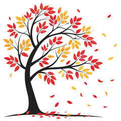 Fototapeta premium Artistic autumn tree with falling leaves in red and gold tones isolated on white background representing the fall season