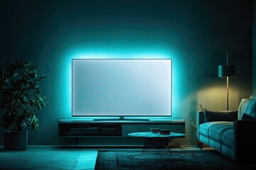 Modern living room at night, featuring a large flat-screen TV with cyan backlighting, positioned on a low media console, accompanied by a sofa, coffee table, plant, and floor lamp