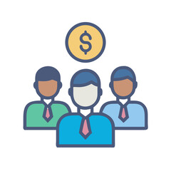 Business team with dollar coin above, flat design style