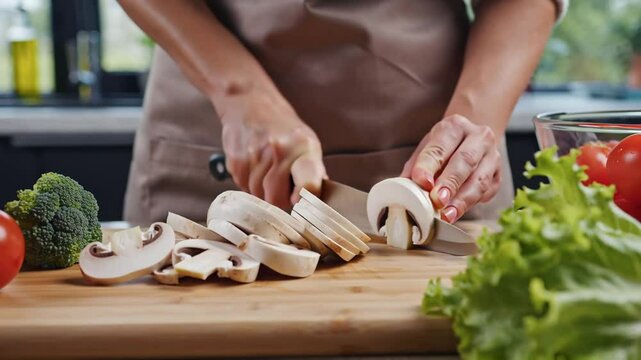 female hands cutting raw     champignon mushrooms with knife in modern kitchen