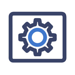 Isolated blue cog in a square against black backdrop