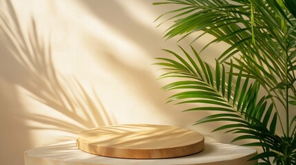 Empty round wooden podium on a beige table with tropical plants casting shadows for displaying cosmetics products creates a natural and inviting presentation