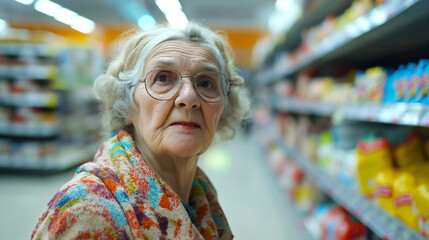 Thoughtful senior woman walking through supermarket aisles, carefully selecting groceries from shelves while considering various options for her meals and daily nutrition