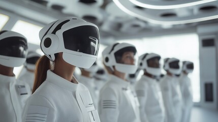 Diverse team of astronauts and engineers working onboard a futuristic spacecraft, utilizing advanced computer systems to monitor and control the mission in space exploration