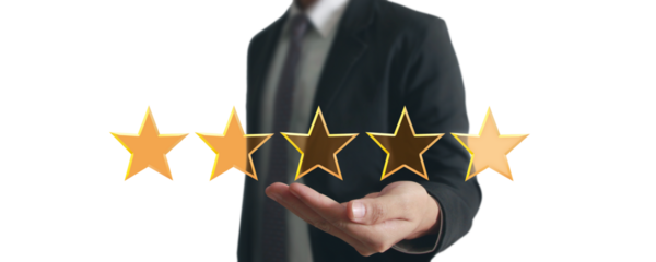 Business professional assessing service quality with five golden stars rating studio environment close-up view