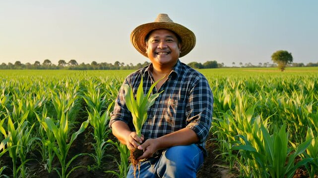 Happy latin man smiling on camera at corn field during sunset - Grain farmer and harvesting concept - Model by AI generative 