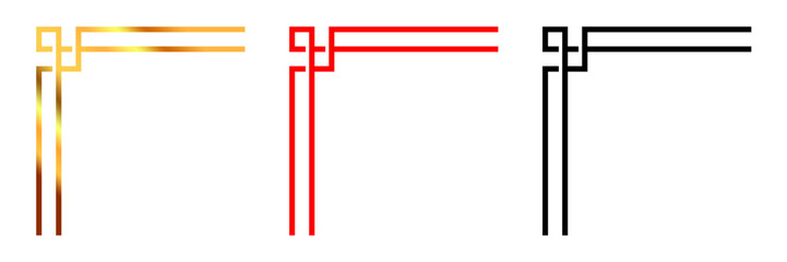 Asian style decorative corner frames in gold, red, and black. Vector design with geometric, traditional patterns. Perfect for invitations, borders, or ornamental art in Asian themes.