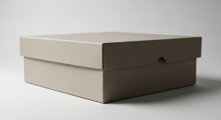 A minimalistic, modern studio shot of a beige box, well-lit with subtle shadows adding depth and dimension. The box is a simple, elegant design, perfect for product presentation