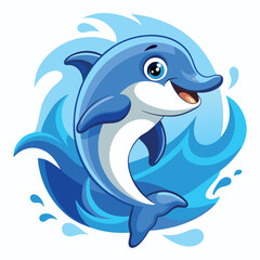 Obraz premium Cheerful cartoon illustration of a jumping dolphin surrounded by waves of blue water for fun themes