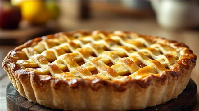 A tantalizing apple pie with a golden brown crust and perfectly baked apples.