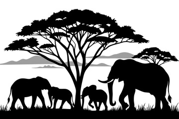 Fototapeta premium African Elephant Family Silhouette Under Acacia Trees on the Savanna