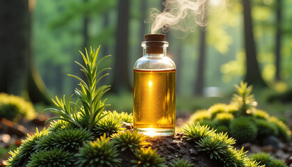 Fototapeta premium Forest essence, golden elixir in a glass bottle with steam, wellness concept