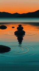 Balancing stones create ripples on tranquil water surface