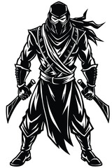 Powerful ninja warrior standing guard holding two swords in and white vector illustration ready for combat