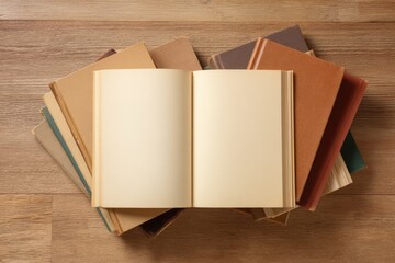 Open blank book rests atop a stack of vintage books on a wood surface