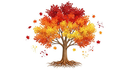 Isolated Autumn Tree with Colorful Falling Leaves