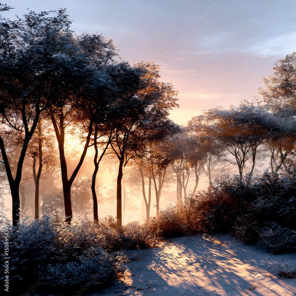 Poster golden hour in snowy forest: sunlight filtering through winter trees, casting long shadows on a sere