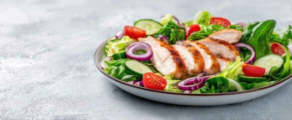 The grilled chicken salad with fresh vegetables and colorful toppings.